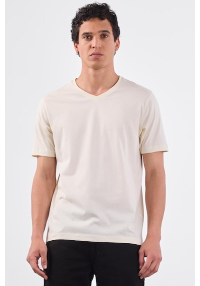 Dufy Ekru V Yaka Pamuklu Düz Renk Slim Fit Erkek T-shirt Ekru