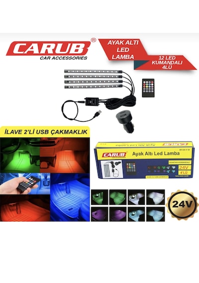 Carub Usb Girişli 12 Ledli 12/24 Volt Uyumlu Ayak Altı Led Kumandalı Araç Içi Aydınlatma 4 Lü Sese Duyarlı Çok Renkli