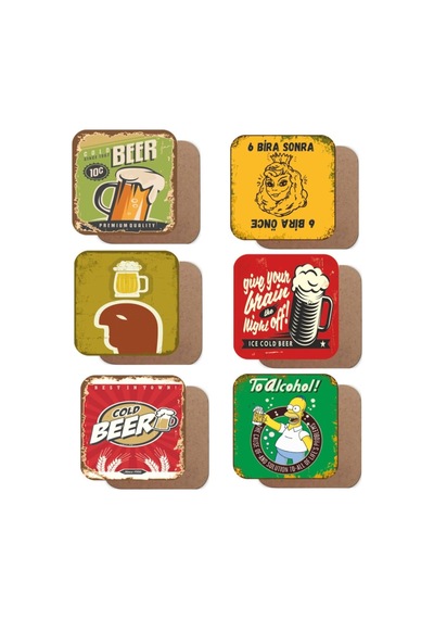 Pi Dekorasyon Bira Temalı 6lı Retro Ahşap Bardak Altlığı Seti Diğer