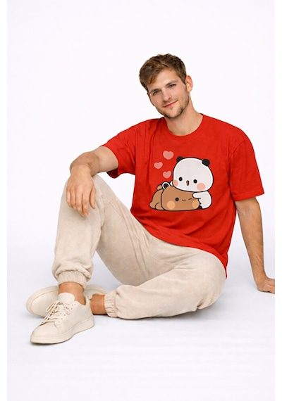 Sevimli Panda Baskılı Sevgili Kombini Çift Tişört Oversize Unisex Kırmızı