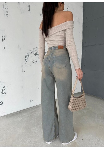 Zeo Basic Denim Baggy Pantolon Yandan Çapraz Dikişli Bej Tintli Bej