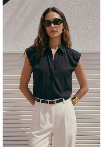 Sateen Kol Detaylı Gömlek - Siyah-137575