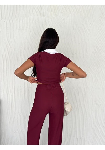 Elaxi Ottoman Kumaş Gömlek Garnili Crop-pantolon İkili Takım Bordo Elaxi Ottoman Kumaş Gömlek Garnili Crop-pantolon İkili Takım Bordo