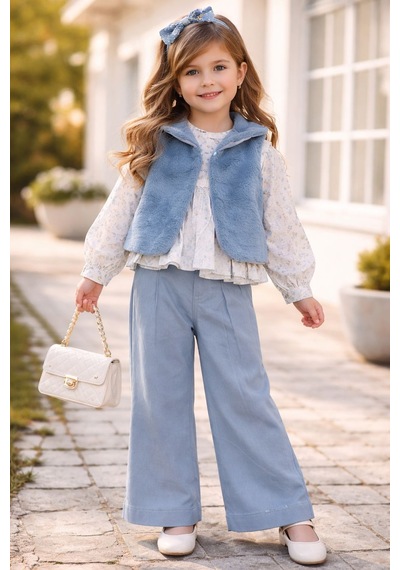 Bebiço Peluş Yelekli 3 Lü Kız Takım 2-5 Yaş -5545760 - Mavi Mavi