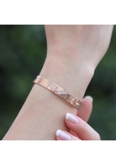 Zirkon Taşlı Rose Gold Kaplama Melek Gümüş Kelepçe Gümüş