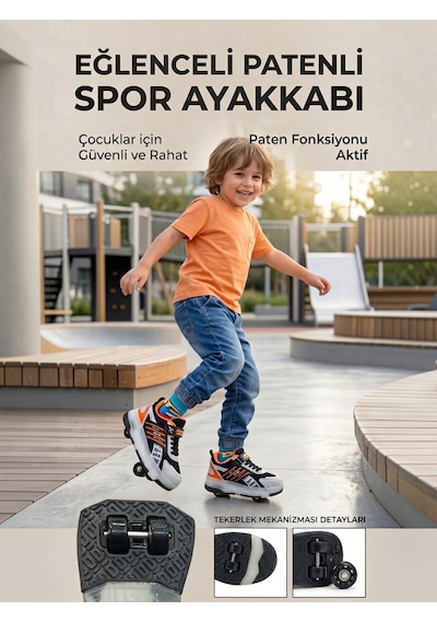 Enoch Çocuk Patenli Işıklı Tekerlekli Spor Ayakkabı & Rahat Cırt Cırtlı Kaykay Ayakkabı 4 Tekerli Sneaker Siyah - Turuncu Enoch Çocuk Patenli Işıklı Tekerlekli Spor Ayakkabı & Rahat Cırt Cırtlı Kaykay Ayakkabı 4 Tekerli Sneaker Siyah - Turuncu