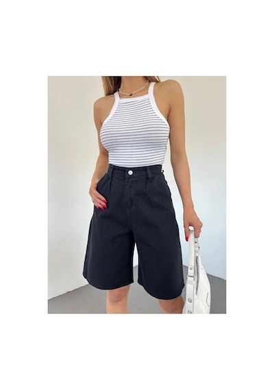 Nido Moda Kadın Yüksek Bel Geniş Paça Denim Şort Siyah