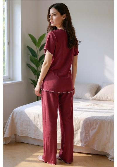Bella Notte Pamuklu Bordo V Yaka Yazlık Pijama Takımı