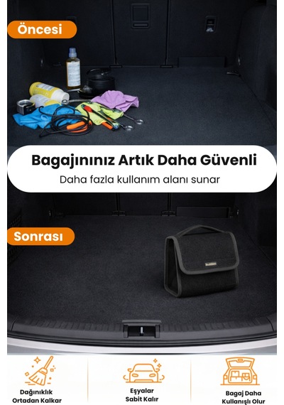 Oto Bagaj Organizer Bagaj Çantası S Boy Kaymaz Cırt Bantlı Velur Kompakt - Siyah