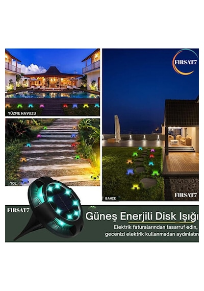 4 Adet 12 Ledli Solar Güneş Enerji Otomatik Yanma Rgb Rengarenk Toprağa Saplamalı Bahçe Aydınlatma