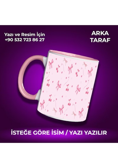 Kişiye Özel Pembe Kurdele Desenli Renkli Kupa -çok Hoş Hediye Pembe