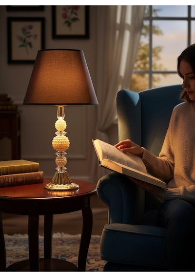 Füme Kumaş Başlık İncili Gold Ayaklı Modern Abajur 48x25cm