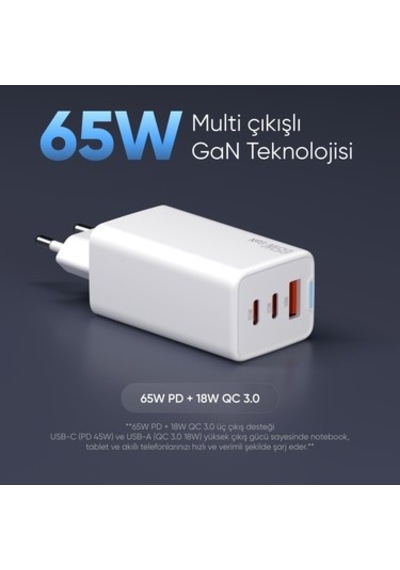 65w Pd Hızlı Şarj Adaptörü, 2 Usb-c Ve Usb-a Girişi İle Beyaz