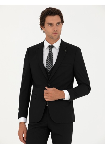 Cacharel Siyah Slim Fit Yün Karışımlı Yelekli Takım Elbise