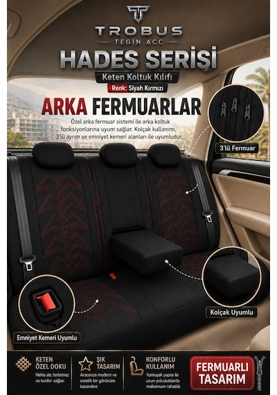 Tesla Model 3 2017 Ve Sonrası Uyumlu Hades Serisi Keten Koltuk Kılıfı Siyah Kırmızı 37683667