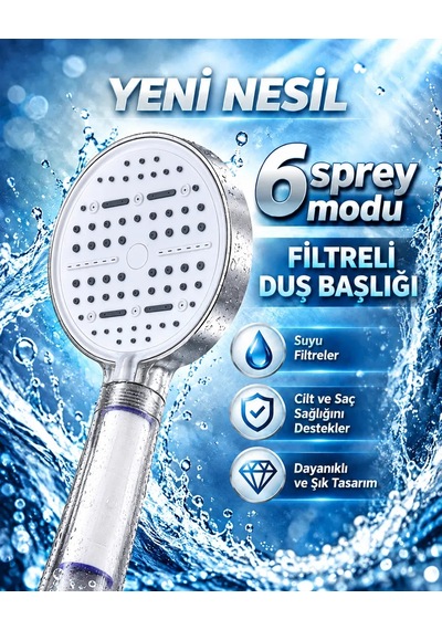 Büyük Panelli 6 Farklı Su Modlu Filtreli Duş Başlığı Beyaz Tasarım Diğer