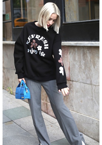 Siyah Bisiklet Yaka Baskılı Sweatshirt Mg1572