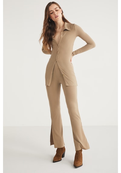 Ethıquet Suelana Kadın Slim/dar Kalıp Straight Fit Yırtmaç Detaylı Beli Lastikli Bej Pantolon