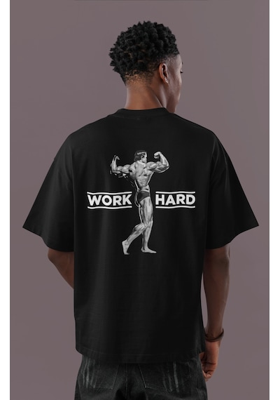 Arnold Work Hard Yazılı Body Building Sırt Baskılı Unisex Oversiz Siyah