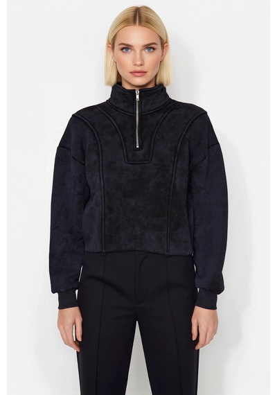 Benerly Kadın Dik Yaka Düşük Kol Fermuar Detaylı Crop Sweatshirt Fonksiyo Antrasit