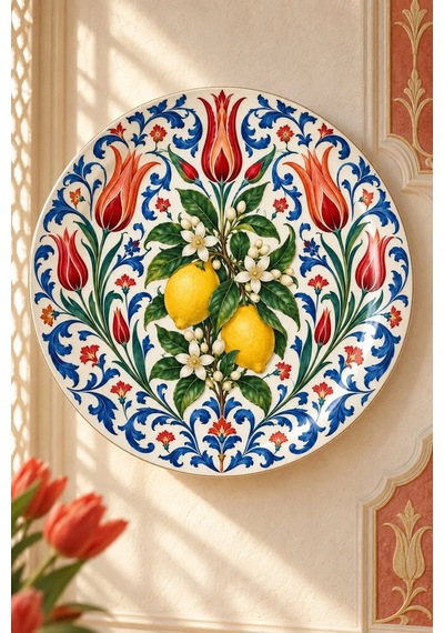 Dekoratif Duvar Tabağı Limonlu Saray Bahçesi Dekorlu Seramik Tabak Sarı