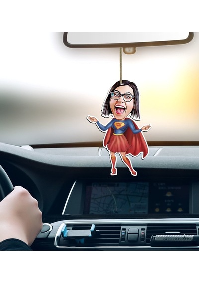 Kişiye Özel Süper Anne Karikatürlü Ahşap Araba Dikiz Ayna Süsü-2