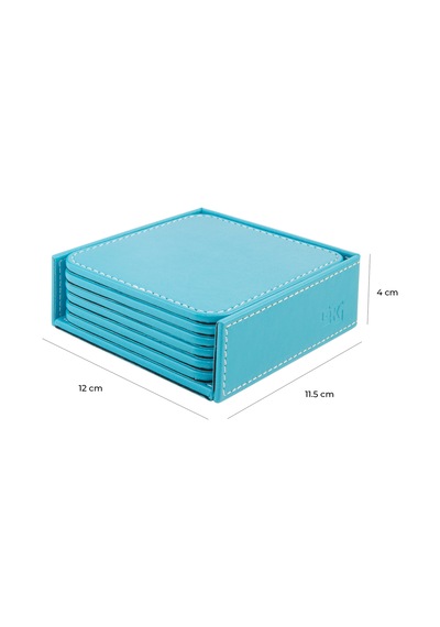 Bardak Altlığı,6 Lı Set,masaüstü Kare Cup Coaster,vegan Suni Deri,11x11 Cm.,turkuaz