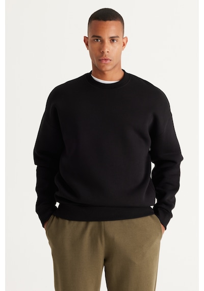 AC&Co / Altınyıldız Classics Erkek Sıyah Oversize Fit Bol Kesim Pamuklu İçi Polarlı Bisiklet Yaka Sweatshirt Siyah