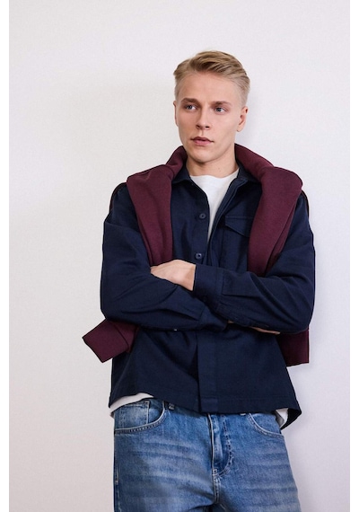 Defacto Boxy Fit Polo Yaka Twill Uzun Kollu Gömlek F7124ax25aunv64 Lacivert-nv64