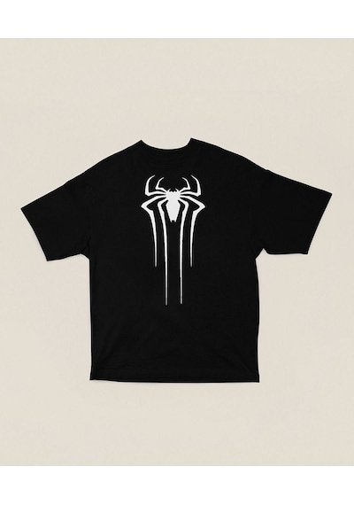 Örümcek Adam Film Logo Baskılı Unisex Marvel Oversize Tişört Siyah