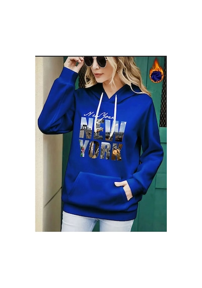Medinenur Newyork Baskılı Cepli Kapüşonlu Sweatshirt Saks