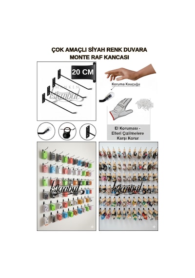 Duvara Monte Kanca Koruma Kauçuklu Siyah 20 Cm Deluxe Raf Askısı Suntaya Monte 35 Adet Siyah