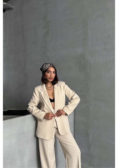 Neşeli Butik Kadın Gold Düğme Detaylı Blazer Ceket Nbg077 Bej