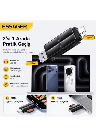 Essager Usb 3.0 Type-c + Usb-a 2in1 Arada Sd/tf Kart Okuyucu Yüksek Hızlı Hafıza Kartı Adaptörü