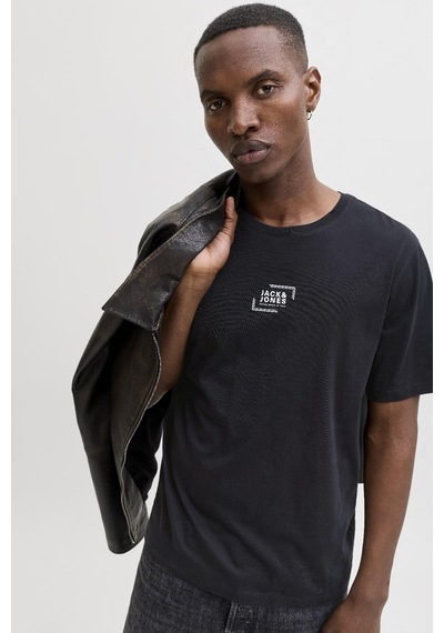 Jack & Jones Erkek Bisiklet Yaka Grafik Baskılı Tişört SIYAH