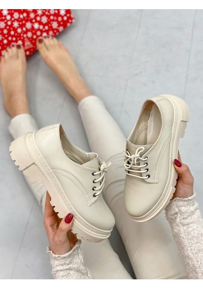 Erva'nın Butiği Bej Cilt College Kadın Bağcıklı Loafer-4094
