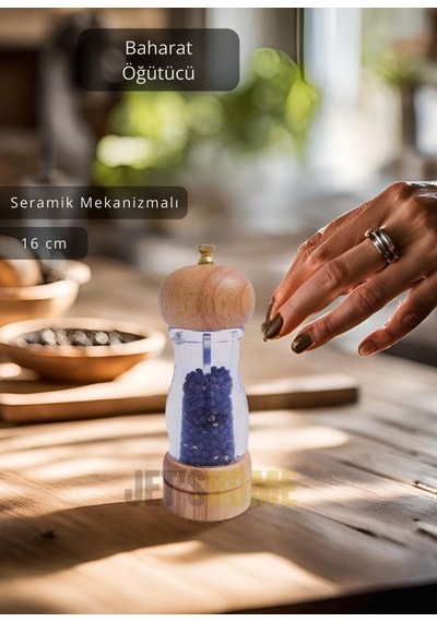 Baharat Öğütücü Kalınlık Ayarlı Karabiber Değirmeni Ahşap Tuz Değirmeni Seramik Bıçaklı 16 Cm Şeffaf