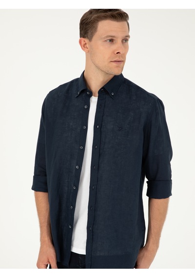 Cacharel Lacivert Regular Fit %100 Keten Gömlek