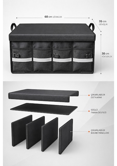 Büyük Boy Premium Araç İçi Bagaj Düzenleyici Organizer Çanta Oxford Kumaş Reflektörlü Araba Oto Bagaj Çantası