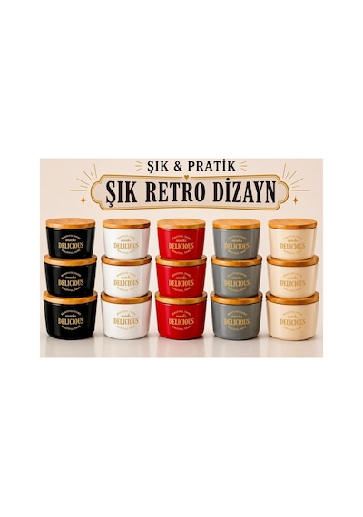 3 Lü Kapaklı Retro Dizayn Saklama Kabı Seti, Bambu Kapaklı, Mika Erzak Saklama Kabı, Bpa, Silikon Contalı Saklama Kutusu Krem