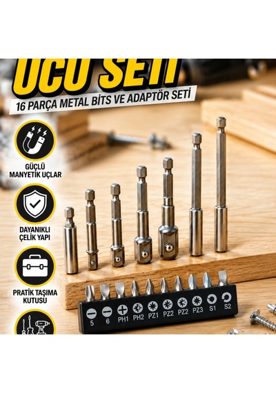 16 Parça Metal Bits Ve Adaptör Seti Manyetik Çok Amaçlı Tornavida Uçları