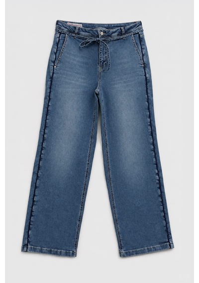 Blue White Kadın Yüksek Bel Kemerli Wide Leg Jean Pantolon Mavi