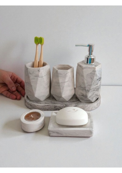 Mermer Desenli Beton Banyo Seti,sıvı Sabunluk ,diş Fırçalığı,kulak Çubukluğu,katı Sabunluk Ve Mumluk Gri