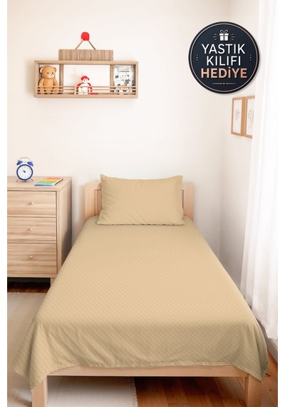 Bej Minimal Genç Odası Tek Kişilik Pike Takımı - Krem Geometrik 160x220 Cm Kapitone Yatak Örtüsü Puslu Papatya Harmonu