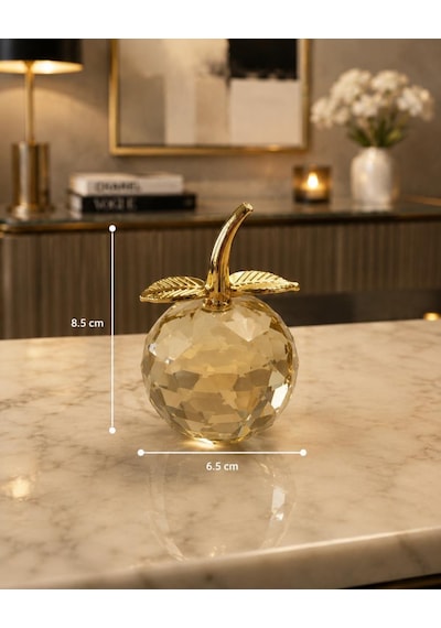 Sarı Kristal Elma Biblo Orta Boy 8.5 Cm Dekoratif Cam Elma Süsü Gold Yapraklı