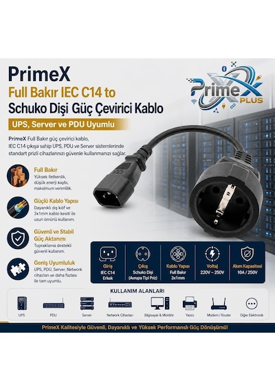 Primex Px-c14 0.35 Metre 3x1mm Ups Psu Schuko Çevirici Kablo, Iec C14 Erkek To Schuko Dişi Ups Standart