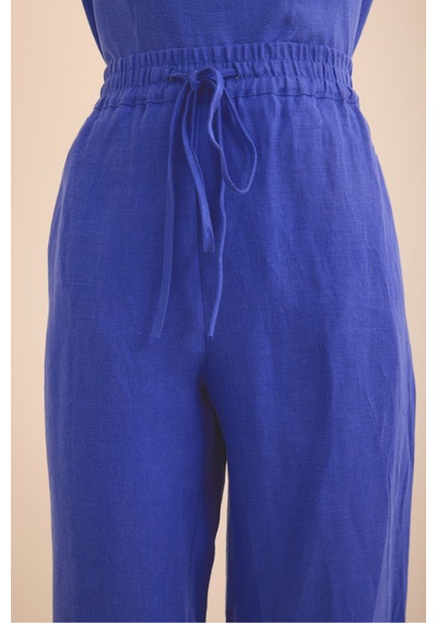 Aker Beli Lastikli Keten Pantolon Mavi Mavi
