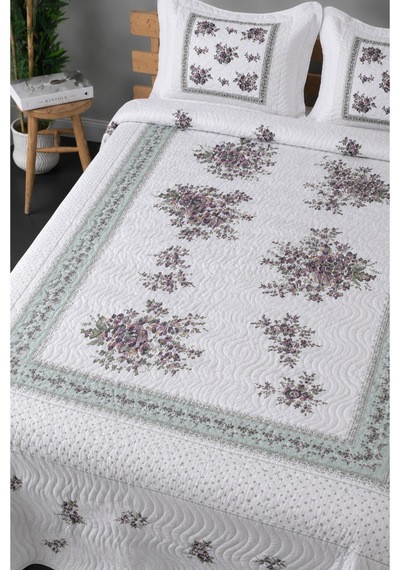 Gündelik Çeyizlik Hediyelik Kapitone Desenli Çift Kişilik / Battal Boy Yatak Örtüsü Takımı Seti 250x260 Örtü 50x70 2 Adet Yastık Kılıfı Flower Lila