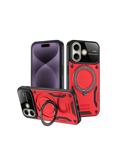 Apple iPhone Uyumlu  16 Uyumlu Kılıf Joy Lens Standlı Kapak - Kırmızı