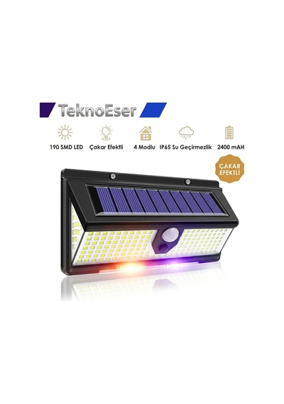 190 Smd Led Solar Bahçe Lambası - 4 Modlu Çakar Efektli Hareket Sensörlü Dış Mekan Aydınlatma
